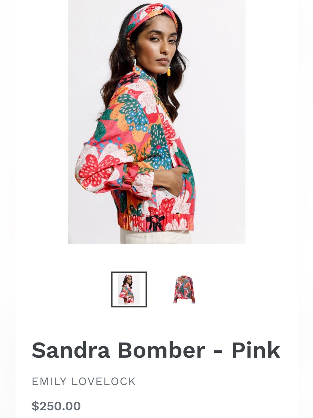 Emily Lovelock Sandra Pink Floral Broderie Anglaise Bomber Jacket Size S